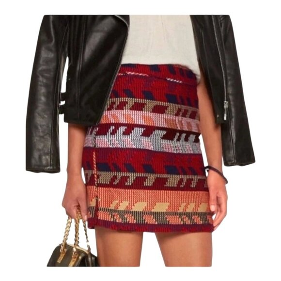 Maje Skirt Women Medium‎ Red Rouge Jacquard Tweed Jakarto Pencil Straight Mini - Picture 1 of 10